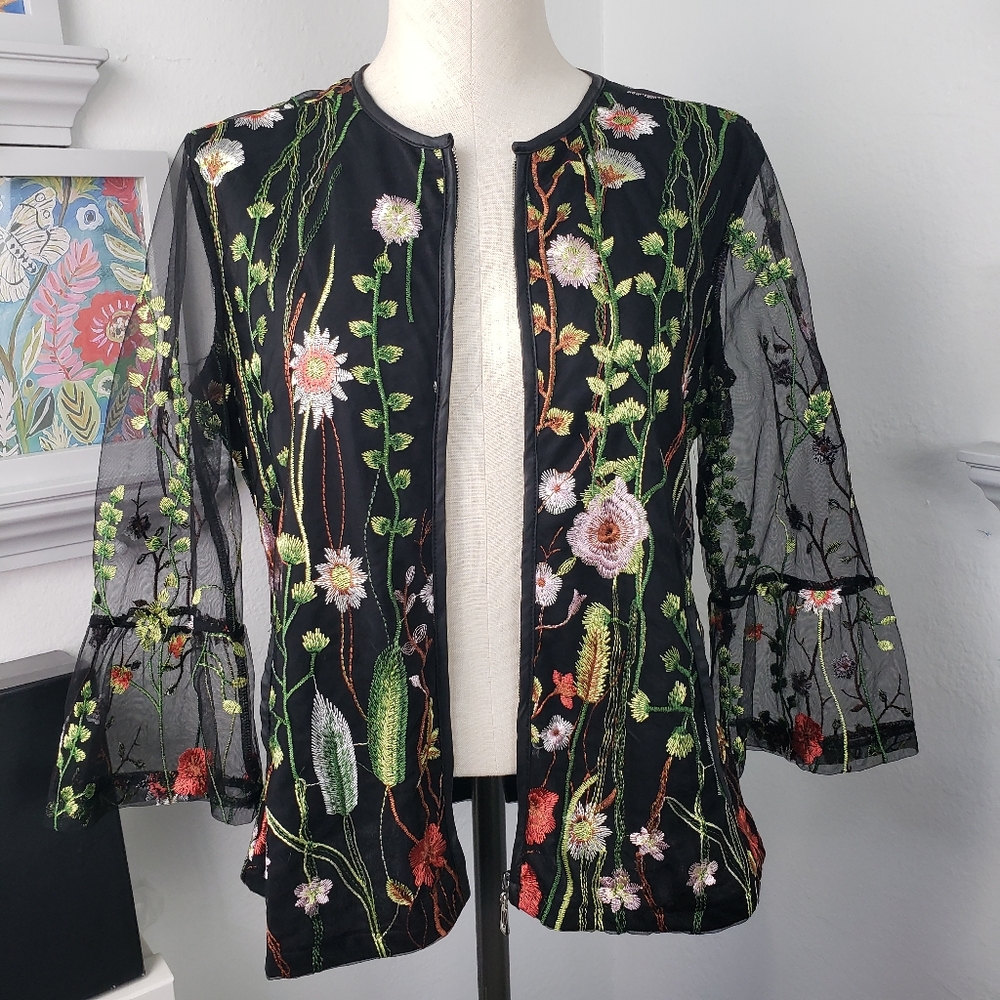 Draper's Sheer Black w/ Embroidered Floral Whimsy Goth Feminine Grandma Vintage